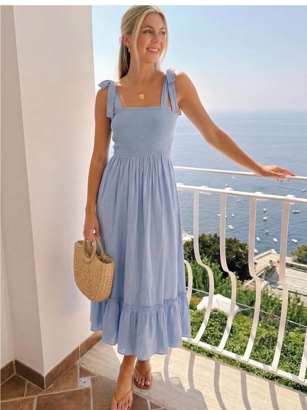 Smocked Midi Boho Midi Maxi Dress Shoulder Ties Beach Women’s Blue SMALL NEW